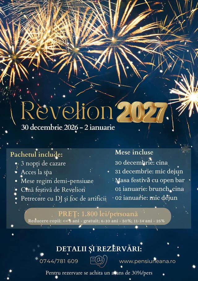 Afiș Ofertă Revelion 2027: 30.12.2026 - 02.01.2027, 1 800 lei / persoană